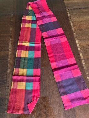 Pink Red Multicolor Plaid Silk Scarf Wrap 5“ x 50“ colorful